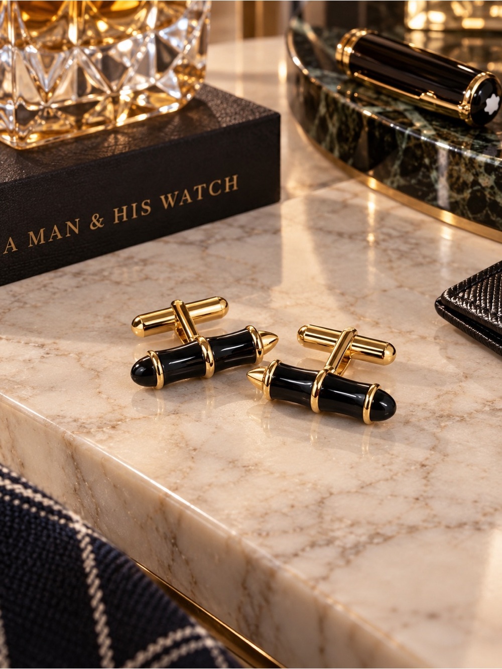 Swank New York Black & Gold Bamboo Cufflinks w/ Original Box